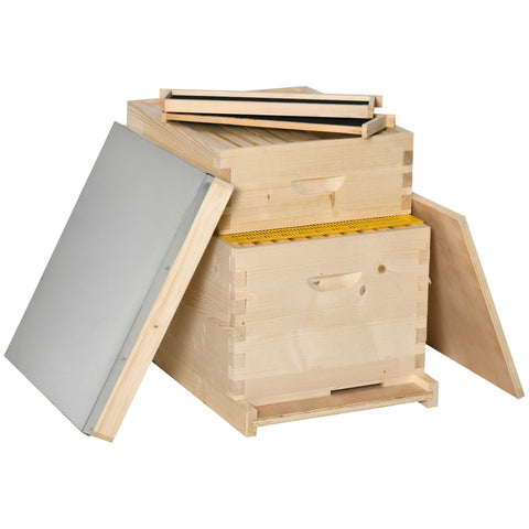 Rootz Beehive Kit - Wooden Bee Hive - Apiary Set - Solid Fir Wood - Galvanized Metal Lid - 58.2cm x 48cm x 56.6cm