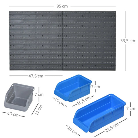 Rootz Tool Rack Organizer - Wandmontage - Opbergbakken - Panelenset met Plank - Stapelcontainers - Haakschroeven - Blauw - 54 x 22 x 95 cm