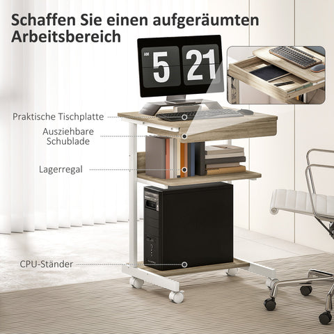 Rootz Roll Desk with Drawer and Shelves - Mobile Workstation - Compact Desk - Space-Saving Organization - 56cm x 51cm x 79cm