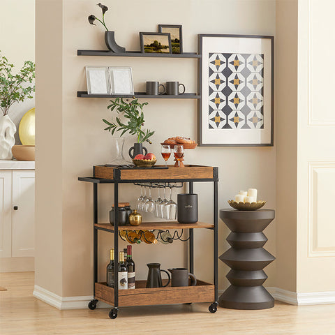 Rootz Rootz Serving Trolley - Kitchen Cart - Mobile Bar Cart - MDF and Metal Construction - Removable Metal Tray - Bottle and Glass Holder - Easy Mobility with Lockable Wheels - 77cm x 90cm x 41cm