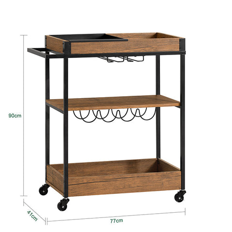 Rootz Rootz Serving Trolley - Kitchen Cart - Mobile Bar Cart - MDF and Metal Construction - Removable Metal Tray - Bottle and Glass Holder - Easy Mobility with Lockable Wheels - 77cm x 90cm x 41cm
