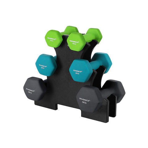 Rootz Dumbbell Set with Stand - Neoprene Coating - Lightweight Training - Home Gym Equipment - 1kg, 2kg, 3kg - Lime Green Aquamarine - 6pcs - 36cm x 9cm x 9cm