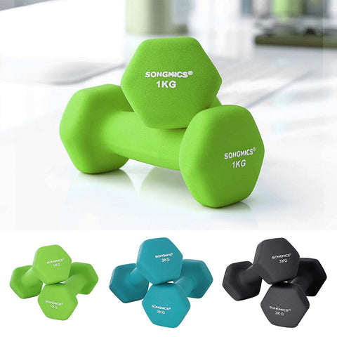 Rootz Dumbbell Set with Stand - Neoprene Coating - Lightweight Training - Home Gym Equipment - 1kg, 2kg, 3kg - Lime Green Aquamarine - 6pcs - 36cm x 9cm x 9cm