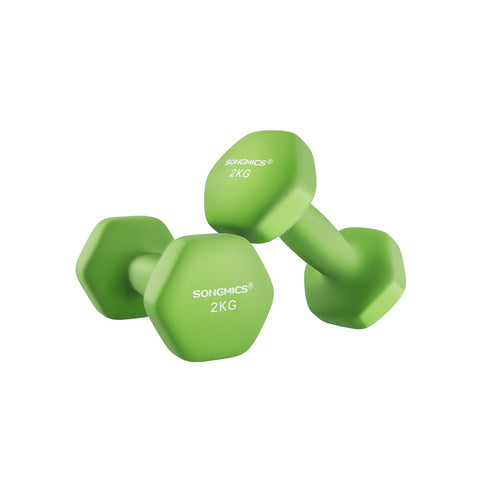 Rootz Set of 2 Green Dumbbells - Cast Iron Weights - Neoprene Coated - 16cm x 8cm - 2kg Pair