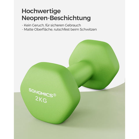 Rootz Set of 2 Green Dumbbells - Cast Iron Weights - Neoprene Coated - 16cm x 8cm - 2kg Pair