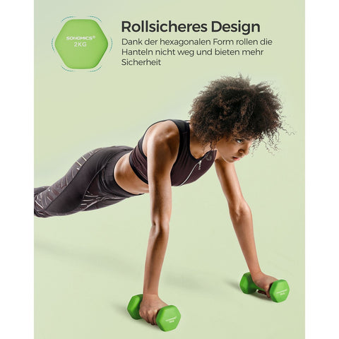 Rootz Set of 2 Green Dumbbells - Cast Iron Weights - Neoprene Coated - 16cm x 8cm - 2kg Pair