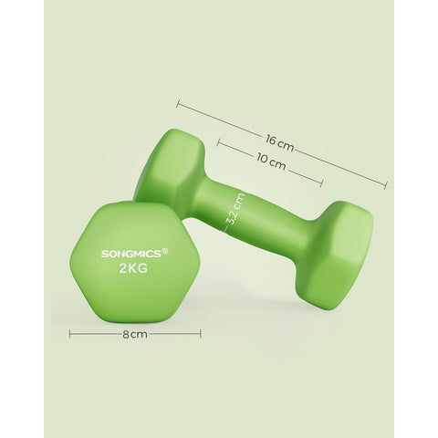 Rootz Set of 2 Green Dumbbells - Cast Iron Weights - Neoprene Coated - 16cm x 8cm - 2kg Pair
