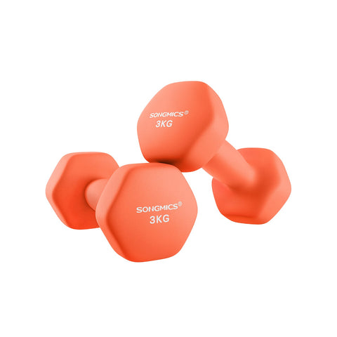 Rootz Set of 2 Red Dumbbells - Orange - Cast Iron - Neoprene Coating - 20cm x 9cm - 11.5cm x 3.8cm Handle - 3kg Each