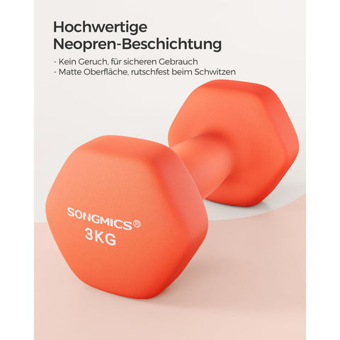 Rootz Set of 2 Red Dumbbells - Orange - Cast Iron - Neoprene Coating - 20cm x 9cm - 11.5cm x 3.8cm Handle - 3kg Each