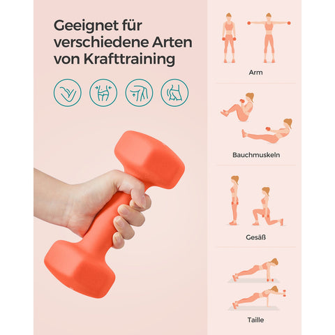 Rootz Set of 2 Red Dumbbells - Orange - Cast Iron - Neoprene Coating - 20cm x 9cm - 11.5cm x 3.8cm Handle - 3kg Each