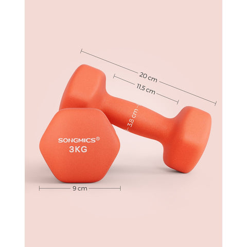 Rootz Set of 2 Red Dumbbells - Orange - Cast Iron - Neoprene Coating - 20cm x 9cm - 11.5cm x 3.8cm Handle - 3kg Each