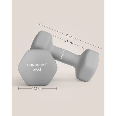 Rootz Neoprene Coated Dumbbells Set - Gray Hand Weights - Cast Iron Dumbbells - Neoprene Coating - Ergonomic Handle - 21cm x 10cm - 11.5cm x 4.1cm - 2 x 5kg