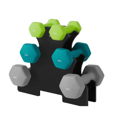 Rootz 3 Pair Dumbbell Set - Hand Weights - Exercise Weights - Muscle Strengthening - 1 kg: 13.5x6.5x6 cm, 2 kg: 16x8x7.5 cm, 3 kg: 20x9x8.5 cm
