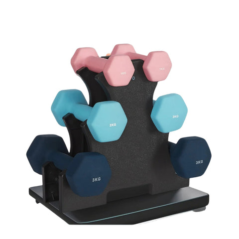 Rootz Dumbbell Set - 3 Pairs - Hand Weights - Neoprene Coated - Strengthen Muscles - 1kg/2kg/3kg - 13.5x6.5x6cm, 16x8x7.5cm, 20x9x8.5cm