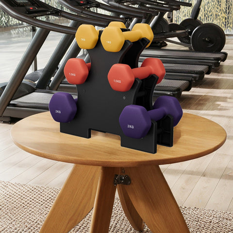 Rootz Home Gym Free Weights Set - Dumbbells - Fitness Weights - Space-Saving - Cast Iron Vinyl - Yellow, Orange, Purple - Includes Stand