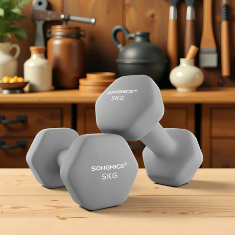 Rootz 2 Set Dumbbells - Weights - Exercise Equipment - Durable Neoprene Coating - 21cm x 10.5cm; Handle: 11.5cm x 4.1cm - 2 x 5 kg