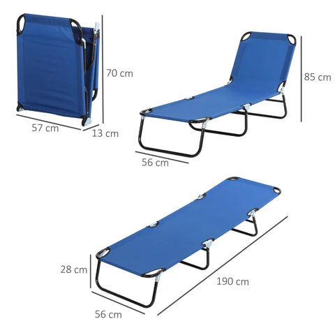 Rootz Sun Lounger - 5 Way Adjustable Backrest - Sunbeds - Quick Drying - Oxford Fabric - Metal Frame - Blue - 190 x 56 x 28 cm