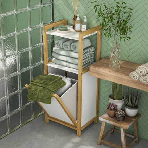 Rootz Bamboo Bathroom Cabinet - Laundry Basket - Floor Cabinet - Space Saving - 2 Shelves - 40L x 30W x 95H cm