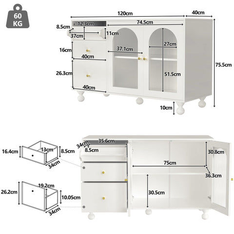 Rootz White Sideboard - Multifunctional Storage Cabinet - Dining Room Cupboard - Anti-Tipping Design - 120cm x 40cm x 75.5cm