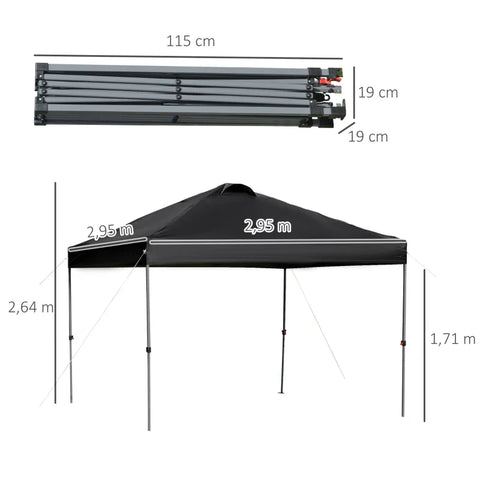 Rootz Garden Pavilion - Folding Pavilion - Pop-up Marquee Garden Tent - Including Pegs Guy Ropes - Oxford - Black - 2.95 x 2.95 x 2.64 m
