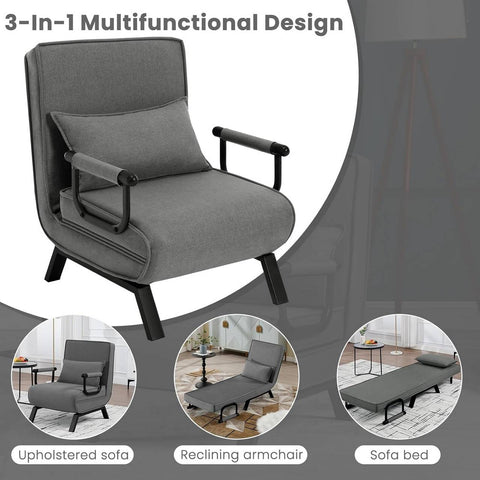 Rootz 3-in-1 Convertible Bed Chair - Folding Sofa - Lounger - Upholstered Seat - Adjustable Backrest - Robust Frame - 65cm x 78cm x 75cm