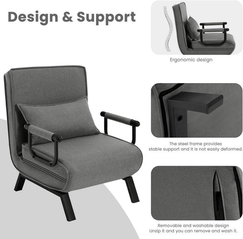 Rootz 3-in-1 Convertible Bed Chair - Folding Sofa - Lounger - Upholstered Seat - Adjustable Backrest - Robust Frame - 65cm x 78cm x 75cm