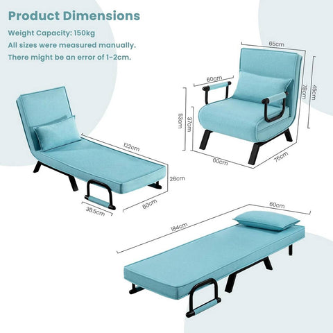 Rootz Convertible Bed Chair - 3 in 1 Sofa Lounger - Folding Chair - Adjustable Backrest - High-Resilience Foam - Compact Design - 65cm x 78cm x 75cm