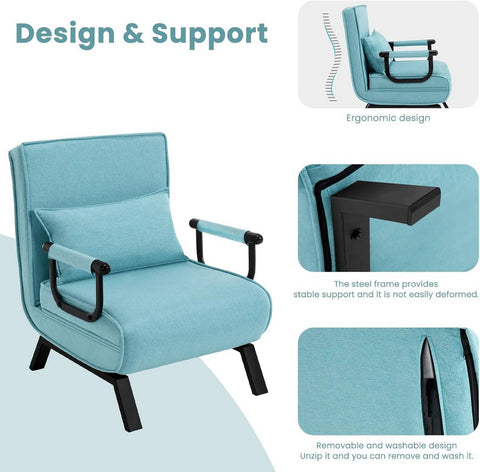 Rootz Convertible Bed Chair - 3 in 1 Sofa Lounger - Folding Chair - Adjustable Backrest - High-Resilience Foam - Compact Design - 65cm x 78cm x 75cm