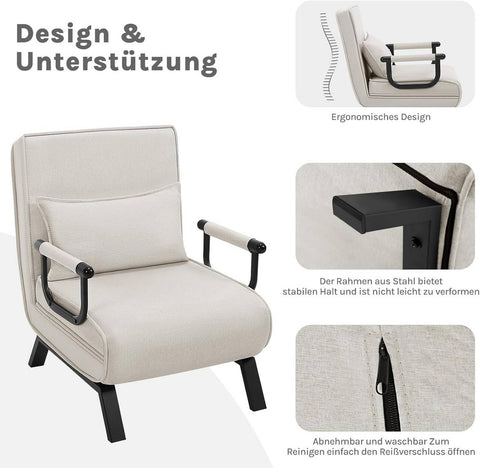Rootz 3-in-1 Sleep Armchair - Convertible Sleeper Chair - Recliner Chair - Adjustable Backrest - Linen Brown- 65cm x 78cm x 75cm