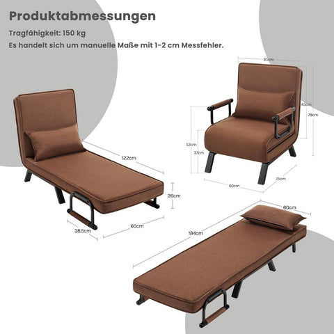 Rootz Sleep Armchair 3 in 1 - Convertible Armchair - Linen Brown Chair - Adjustable Backrest - 65 x 78 x 75 cm Armchair; 184 x 26 x 65 cm Bed