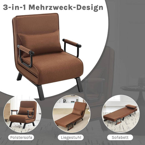 Rootz Sleep Armchair 3 in 1 - Convertible Armchair - Linen Brown Chair - Adjustable Backrest - 65 x 78 x 75 cm Armchair; 184 x 26 x 65 cm Bed