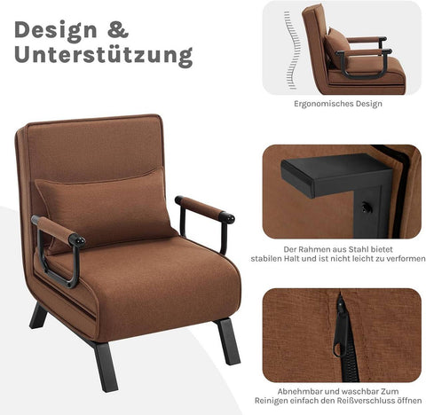 Rootz Sleep Armchair 3 in 1 - Convertible Armchair - Linen Brown Chair - Adjustable Backrest - 65 x 78 x 75 cm Armchair; 184 x 26 x 65 cm Bed