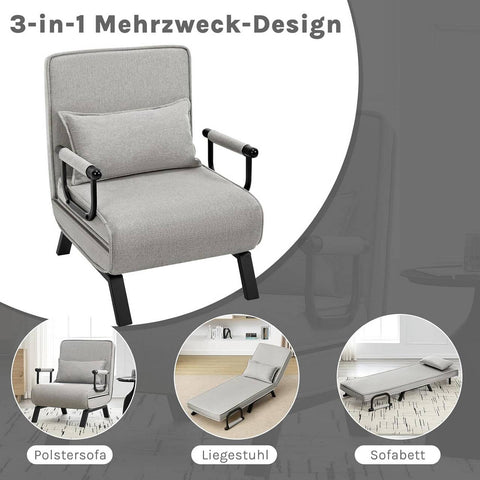 Rootz 3 in 1 Sleep Armchair - Convertible Chair - Adjustable Recliner - Space-Saving - Linen Grey - 65 x 78 x 75 cm