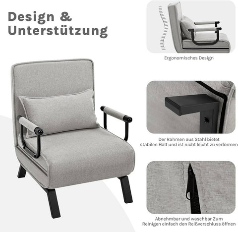 Rootz 3 in 1 Sleep Armchair - Convertible Chair - Adjustable Recliner - Space-Saving - Linen Grey - 65 x 78 x 75 cm