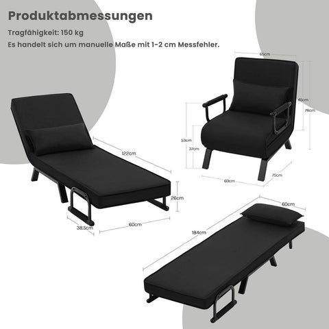 Rootz 3-in-1 Sleep Armchair - Convertible Sofa - Folding Lounger - Adjustable Backrest - Black Linen - Metal Frame - 65 x 78 x 75 cm (Chair), 184 x 26 x 65 cm (Bed)