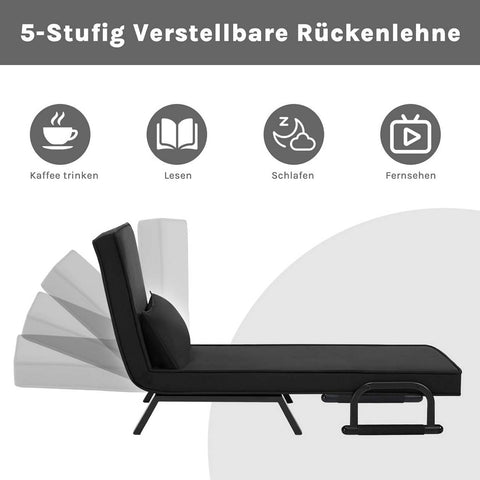 Rootz 3-in-1 Sleep Armchair - Convertible Sofa - Folding Lounger - Adjustable Backrest - Black Linen - Metal Frame - 65 x 78 x 75 cm (Chair), 184 x 26 x 65 cm (Bed)