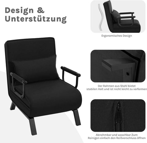 Rootz 3-in-1 Sleep Armchair - Convertible Sofa - Folding Lounger - Adjustable Backrest - Black Linen - Metal Frame - 65 x 78 x 75 cm (Chair), 184 x 26 x 65 cm (Bed)