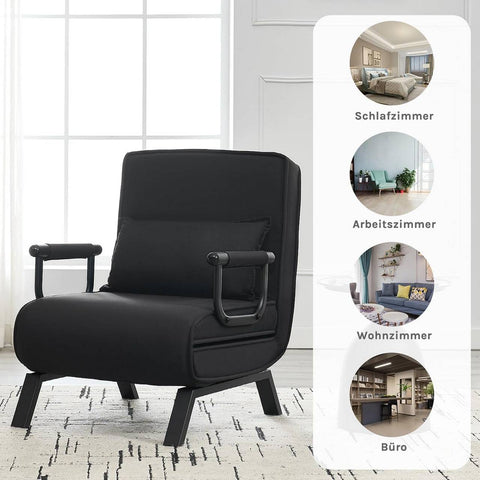Rootz 3-in-1 Sleep Armchair - Convertible Sofa - Folding Lounger - Adjustable Backrest - Black Linen - Metal Frame - 65 x 78 x 75 cm (Chair), 184 x 26 x 65 cm (Bed)