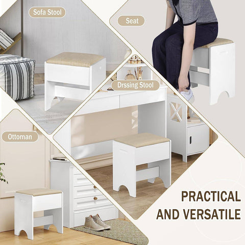 Rootz Make-Up Stool - Vanity Seat - Foot Stool - Comfortable 150kg Capacity - Elegant Brown White - 40cm x 45cm x 30cm