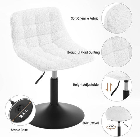 Rootz 2 Piece Set Makeup Bar Stool - Comfortable Chenille Seats - Ergonomic Chair - Height Adjustable - 42.5x35 cm - White