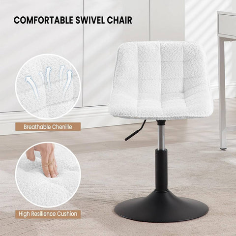 Rootz Makeup Stool Bar Stool - Chenille Chair - Ergonomic Chair - Comfort & Durability - 42.5x35cm Seat, Adjustable Height 38-49.5cm, White/Gray