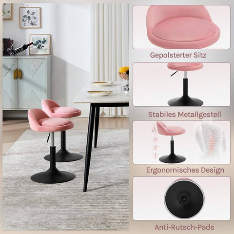 Rootz Makeup Stool Set - Height Adjustable Office Boosters - Pink & Black Velvet - Ergonomic Support - 38.5 x 49.5-65.5 x 43 cm