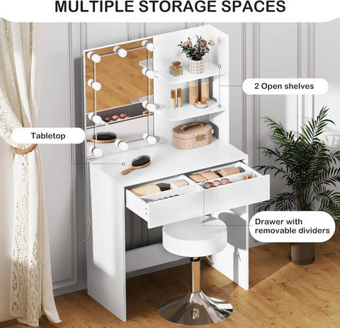 Rootz Vanity Set with Lighted Mirror - Makeup Table - Dresser - Removable Divider - LED Bulbs - Adjustable Stool - White - 75cm x 136cm x 40cm