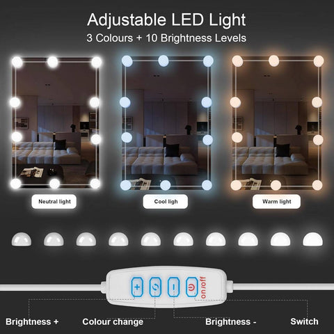Rootz Vanity Set with Lighted Mirror - Makeup Table - Dresser - Removable Divider - LED Bulbs - Adjustable Stool - White - 75cm x 136cm x 40cm