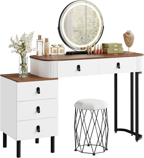 Rootz Dressing Table Set - Makeup Vanity - Beauty Station - Dimmable LED Mirror - Velvet Stool - White -Brown - 100 x 126 x 40 cm