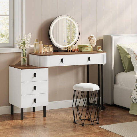 Rootz Dressing Table Set - Makeup Vanity - Beauty Station - Dimmable LED Mirror - Velvet Stool - White -Brown - 100 x 126 x 40 cm