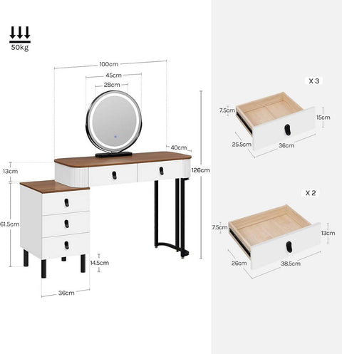 Rootz Dressing Table Set - Makeup Vanity - Beauty Station - Dimmable LED Mirror - Velvet Stool - White -Brown - 100 x 126 x 40 cm