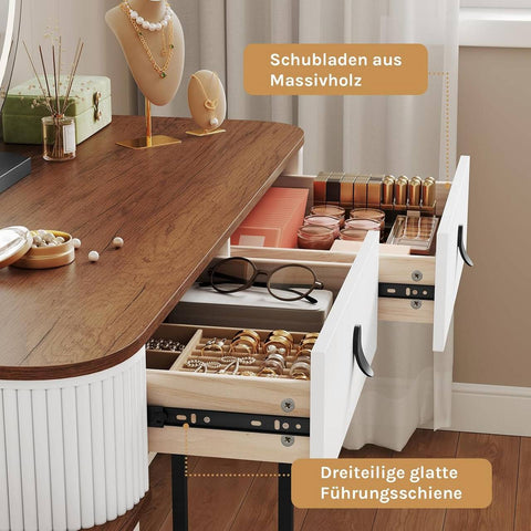 Rootz Dressing Table Set - Makeup Vanity - Beauty Station - Dimmable LED Mirror - Velvet Stool - White -Brown - 100 x 126 x 40 cm