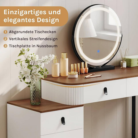 Rootz Dressing Table Set - Makeup Vanity - Beauty Station - Dimmable LED Mirror - Velvet Stool - White -Brown - 100 x 126 x 40 cm