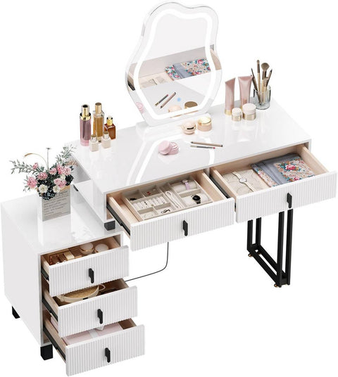 Rootz Damming Table with Lighting - Vanity Desk - Dressing Table - Ample Storage - 90 x 130 x 38 cm - MDF & Solid Wood - White